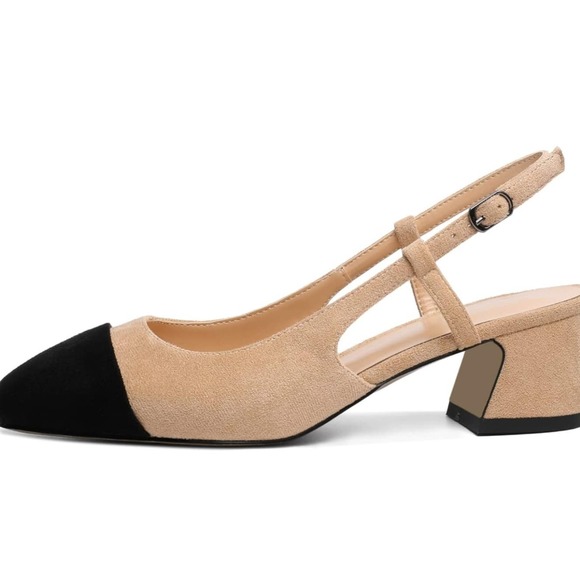 Eldof Women's Slingback Block Heels, Square Ladies, suede Black Beige US8 - Picture 2 of 7